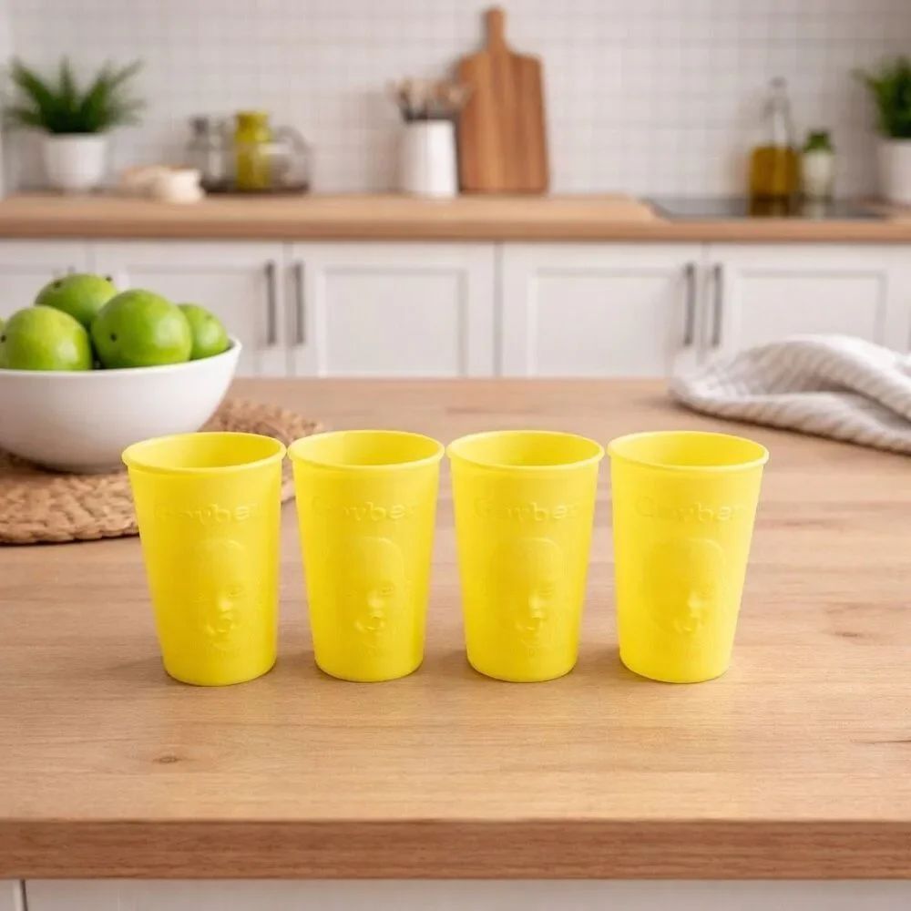 YELLOW Gerber Products Baby Face CUPS Plastic USA 1950s-1960s set of 4 vtge